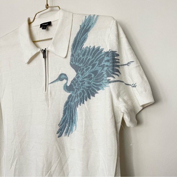 Express Flying Crane Zip Polo Size Medium Cream Beige Short Sleeve - Picture 5 of 7